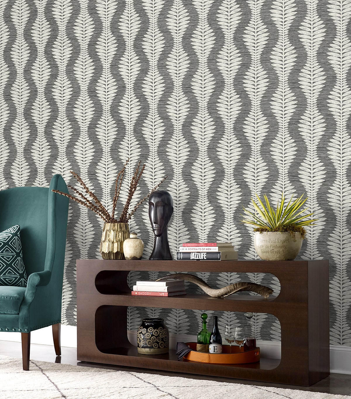 LN40500 palm ogee textured vinyl wallpaper entryway from Lillian August