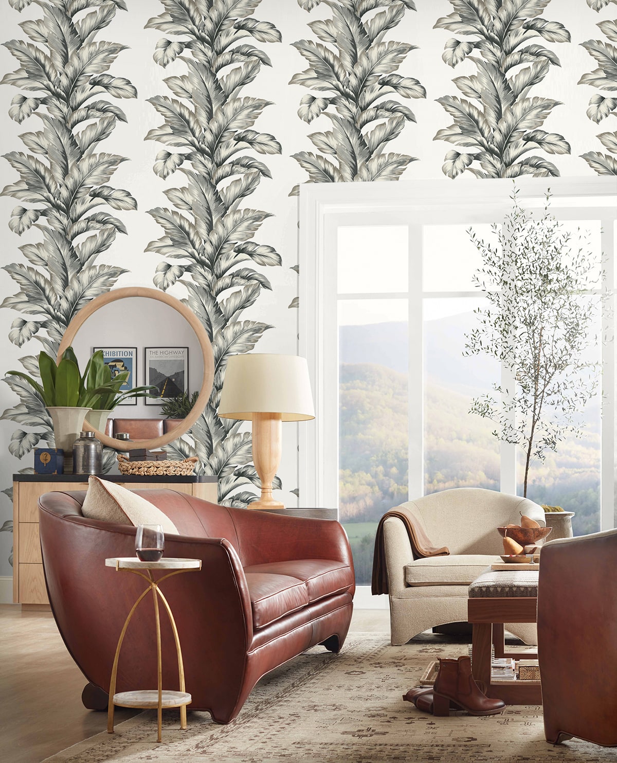 LN40600 palm leaf textured vinyl wallpaper living room from the Coastal Haven collection by Lillian August