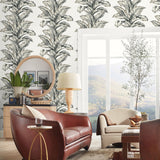 LN40600 palm leaf textured vinyl wallpaper living room from the Coastal Haven collection by Lillian August