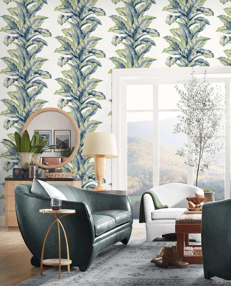 LN40602 palm leaf textured vinyl wallpaper living room from the Coastal Haven collection by Lillian August