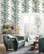 LN40602 palm leaf textured vinyl wallpaper living room from the Coastal Haven collection by Lillian August