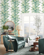 LN40604 palm leaf textured vinyl wallpaper living room from the Coastal Haven collection by Lillian August