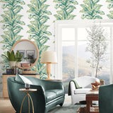 LN40604 palm leaf textured vinyl wallpaper living room from the Coastal Haven collection by Lillian August