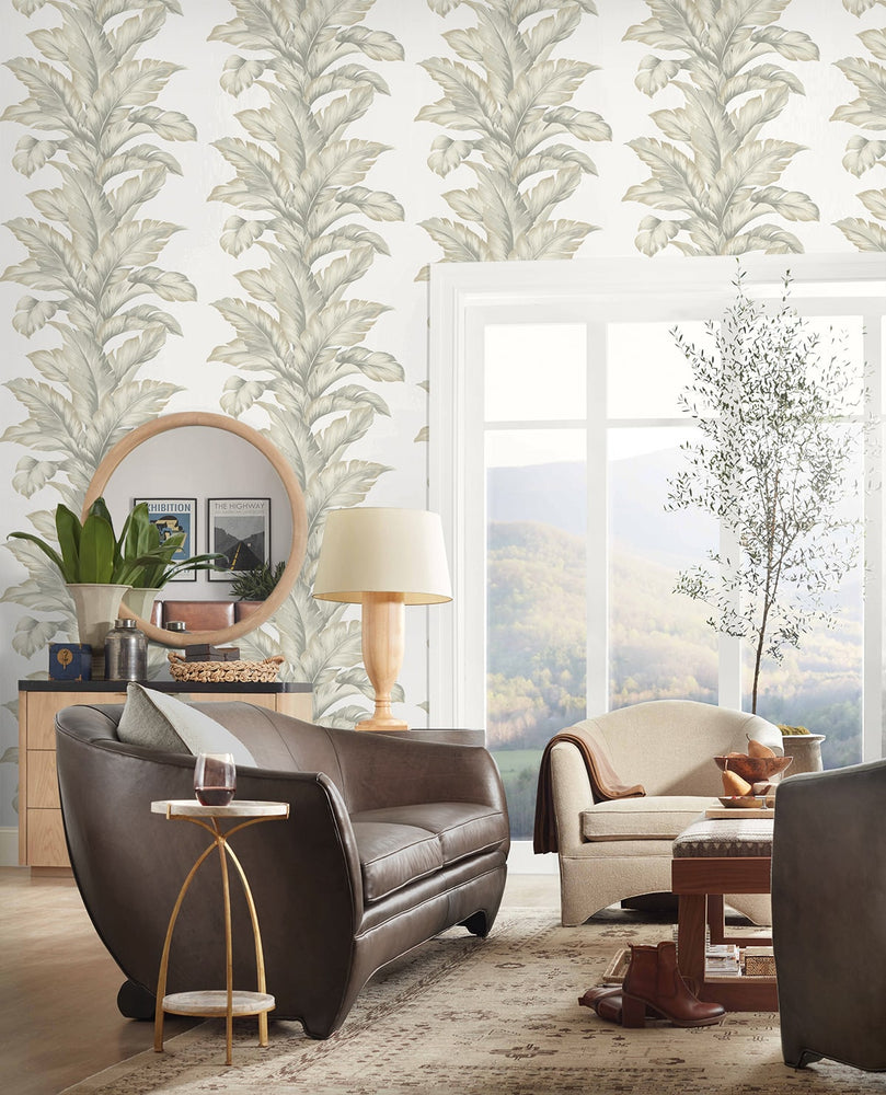 LN40607 palm leaf textured vinyl wallpaper living room from the Coastal Haven collection by Lillian August
