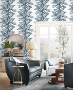 LN40612 palm leaf textured vinyl wallpaper living room from the Coastal Haven collection by Lillian August