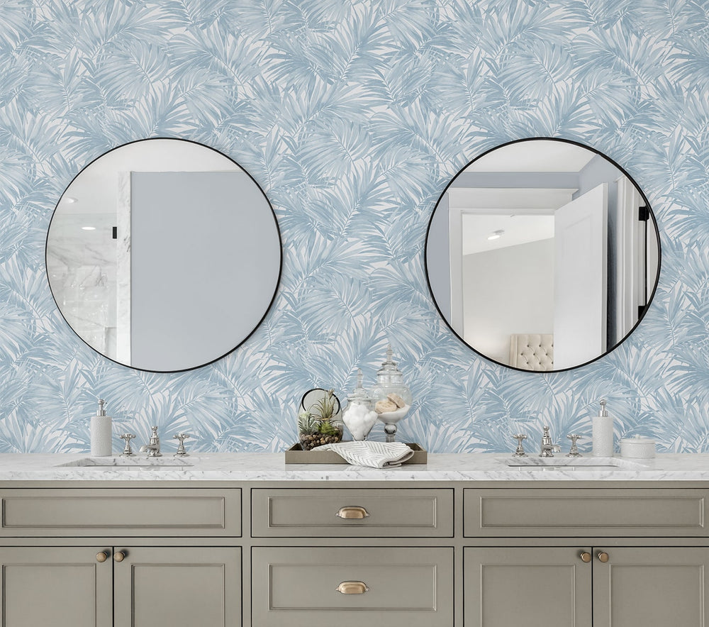 LN40702 tossed palm embossed vinyl wallpaper bathroom from Lillian August