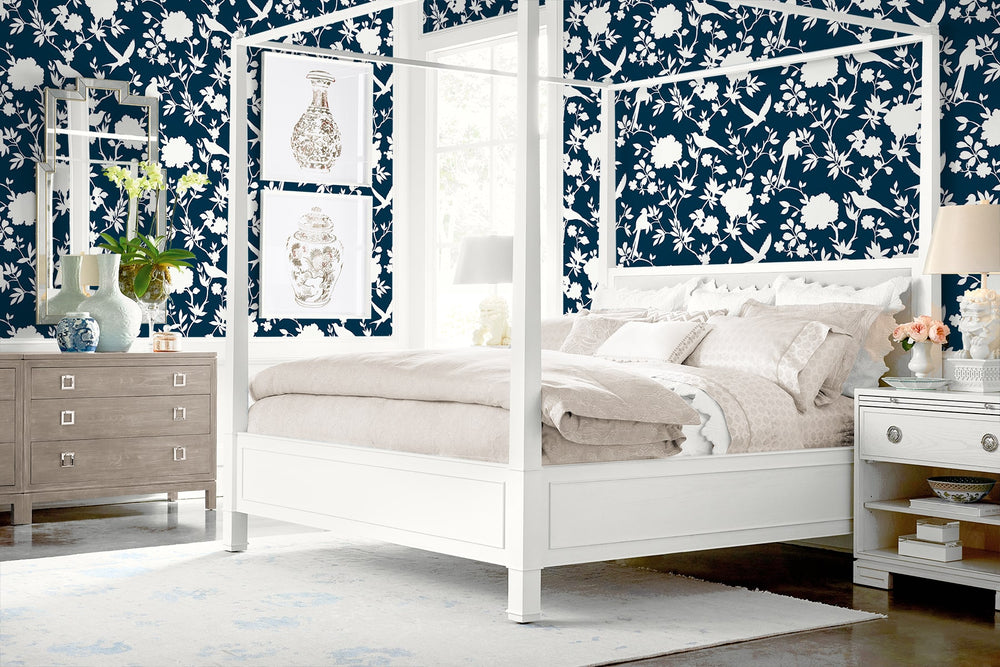 LN40902 bird toile vinyl wallpaper bedroom from the Coastal Haven collection by Lillian August