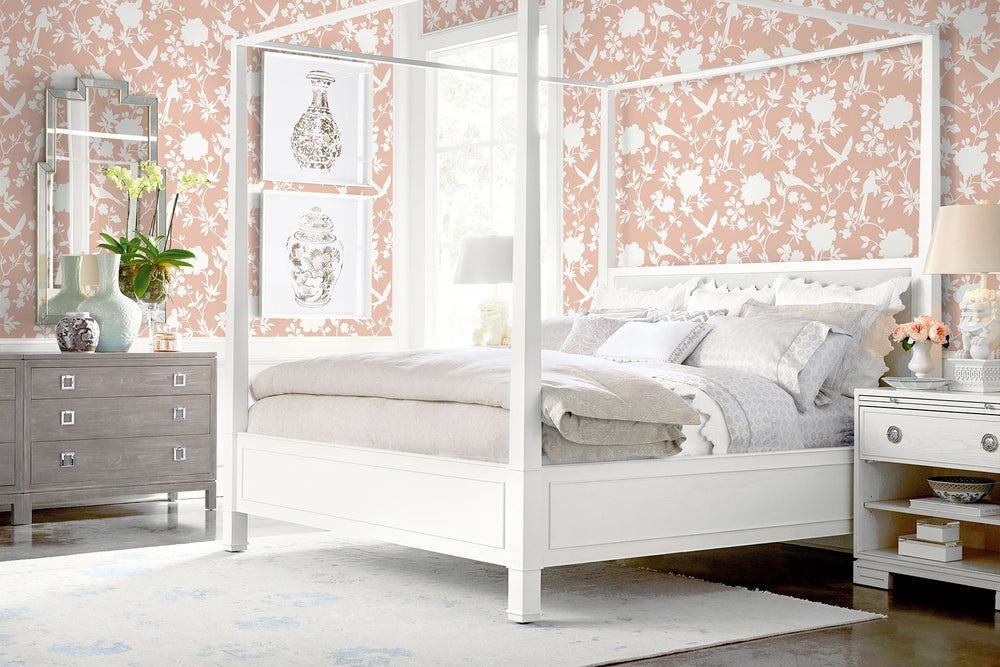 LN40906 bird toile vinyl wallpaper bedroom from the Coastal Haven collection by Lillian August