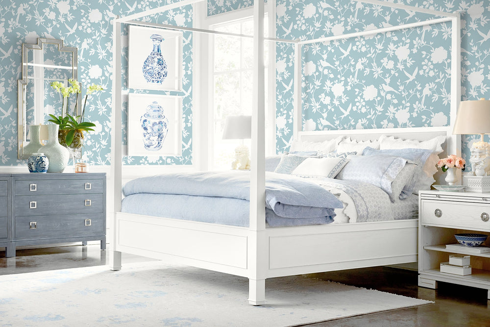 LN40912 bird toile vinyl wallpaper bedroom from the Coastal Haven collection by Lillian August