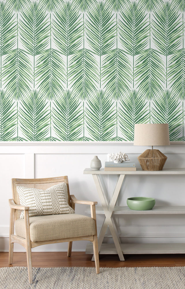 MB30034 palm leaf wallpaper living room from the Beach House collection by Seabrook Designs