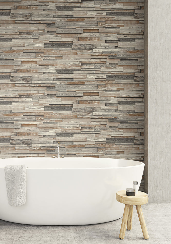 NW32601 peel and stick wood plank wallpaper bathroom