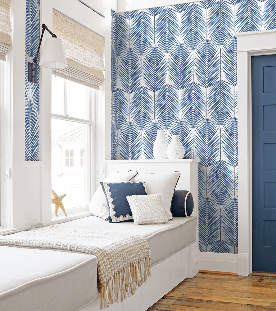 NW33002 bedroom coastal blue palm leaf peel and stick removable wallpaper by NextWall