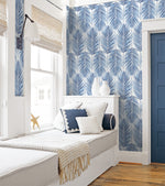NW33002 bedroom coastal blue palm leaf peel and stick removable wallpaper by NextWall