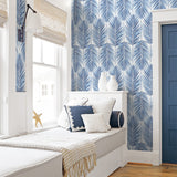 NW33002 bedroom coastal blue palm leaf peel and stick removable wallpaper by NextWall