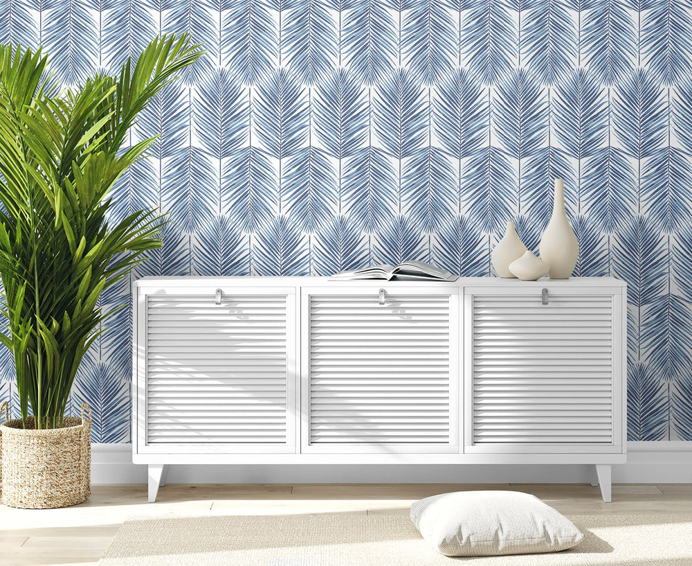 NW33002 coastal blue palm leaf peel and stick removable wallpaper living room by NextWall