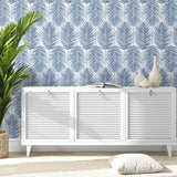 NW33002 coastal blue palm leaf peel and stick removable wallpaper living room by NextWall