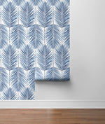 NW33002 coastal blue palm leaf peel and stick removable wallpaper roll by NextWall