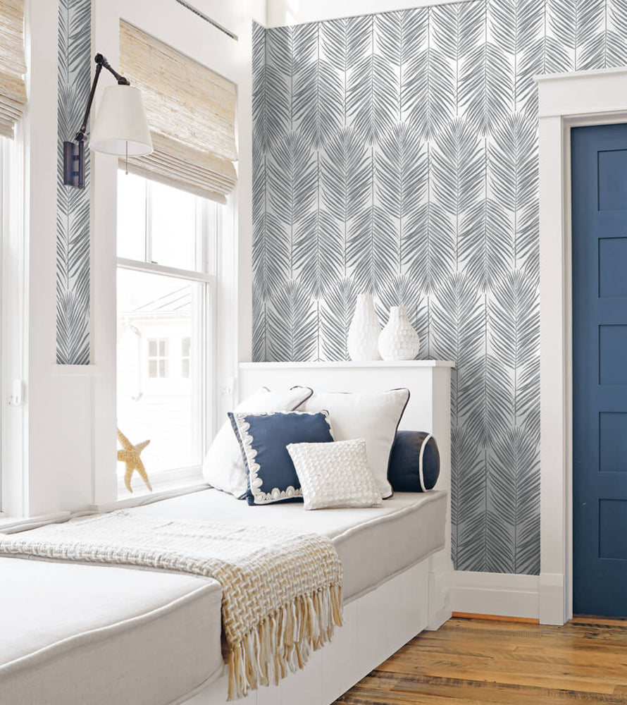 NW33008 bedroom daydream gray palm leaf peel and stick removable wallpaper by NextWall