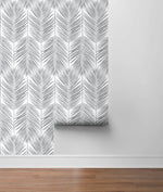 NW33008 daydream gray palm leaf peel and stick removable wallpaper roll by NextWall