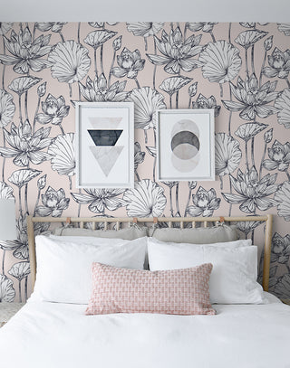 NextWall NW33101 pink lotus floral peel and stick wallpaper bedroom