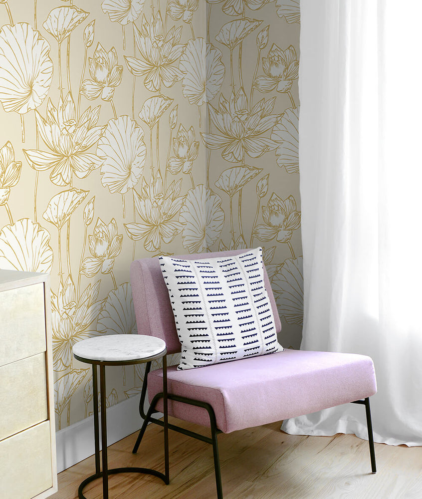 NW33105 metallic gold lotus flower peel and stick removable wallpaper chair from NextWall