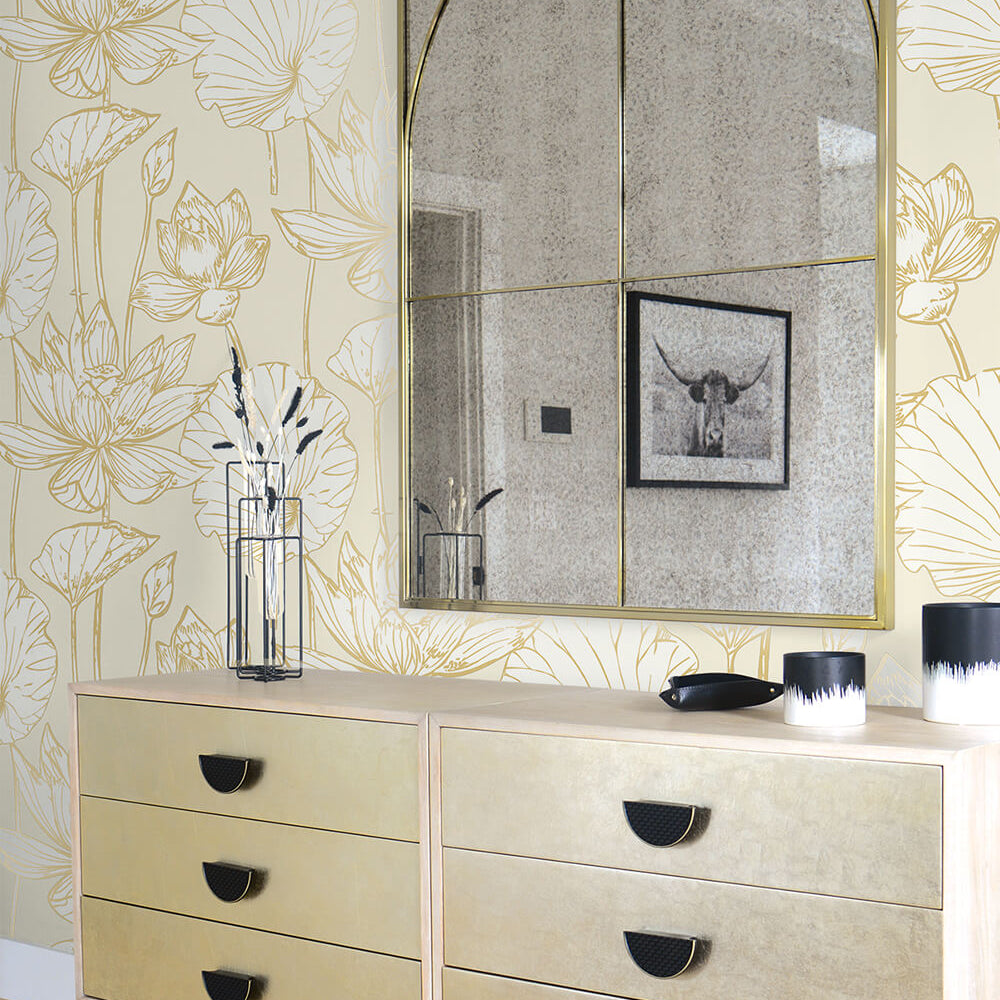 
                  
                    NW33105 metallic gold lotus flower peel and stick removable wallpaper entryway from NextWall
                  
                