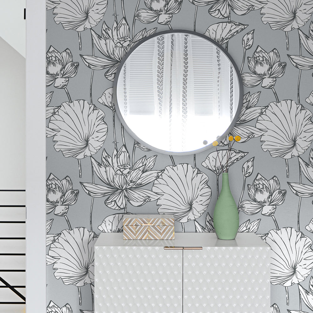 
                  
                    NextWall NW33108 gray lotus floral peel and stick wallpaper bedroom
                  
                