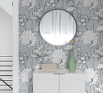 NextWall NW33108 gray lotus floral peel and stick wallpaper bedroom