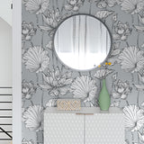 NextWall NW33108 gray lotus floral peel and stick wallpaper bedroom