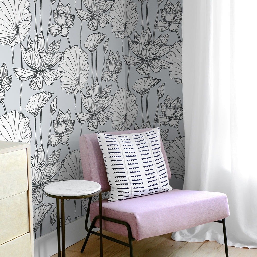 
                  
                    NextWall NW33108 gray lotus floral peel and stick wallpaper bedroom chair
                  
                