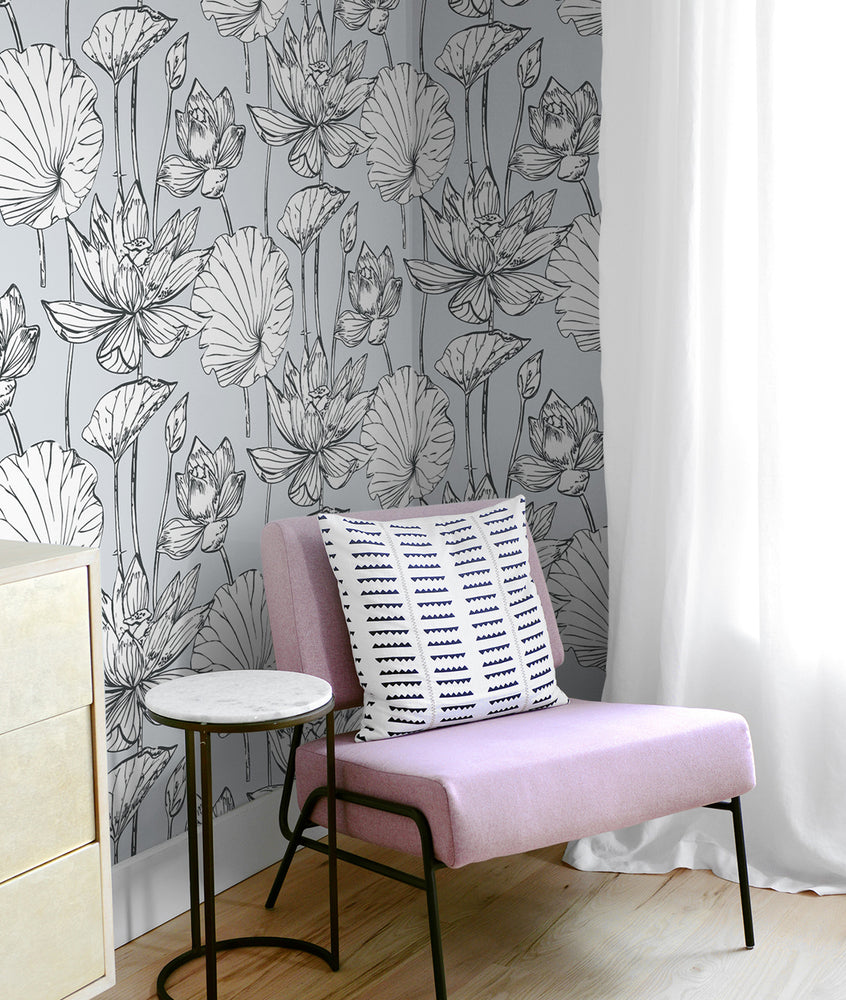 NextWall NW33108 gray lotus floral peel and stick wallpaper bedroom chair