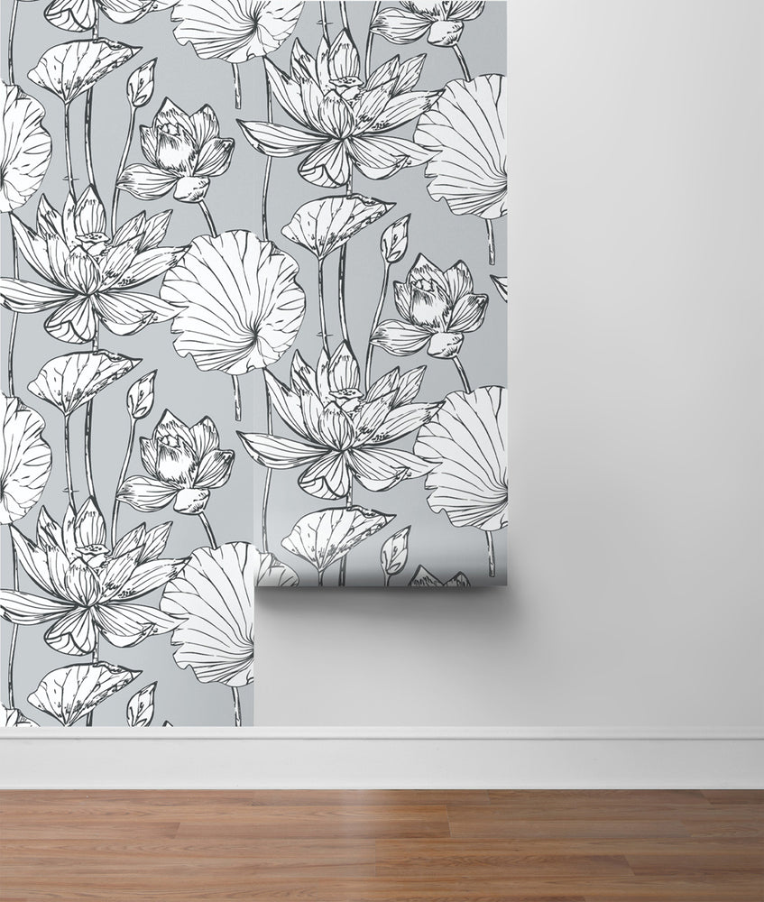 NextWall NW33108 gray lotus floral peel and stick wallpaper roll