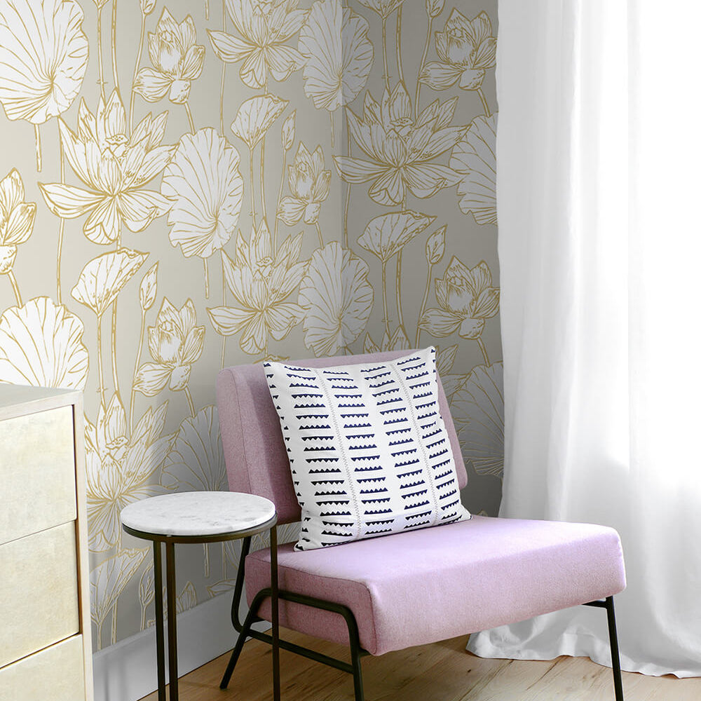 
                  
                    NW33118 metallic gold lotus flower peel and stick removable wallpaper chair from NextWall
                  
                