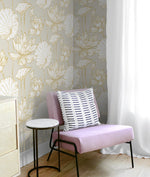 NW33118 metallic gold lotus flower peel and stick removable wallpaper chair from NextWall