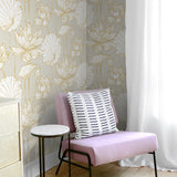 NW33118 metallic gold lotus flower peel and stick removable wallpaper chair from NextWall