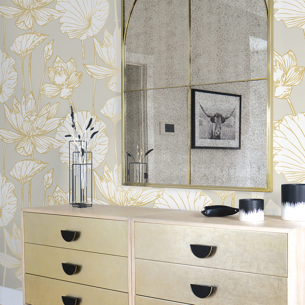 
                  
                    NW33118 metallic gold lotus flower peel and stick removable wallpaper entryway from NextWall
                  
                