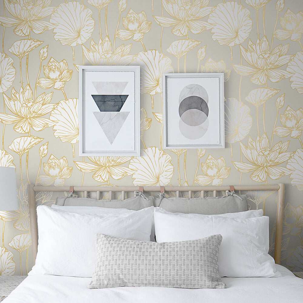 
                  
                    NW33118 metallic gold lotus flower peel and stick removable wallpaper bedroom from NextWall
                  
                