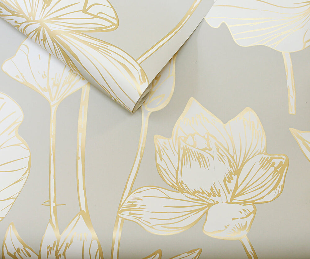 NW33118 metallic gold lotus flower peel and stick removable wallpaper roll from NextWall