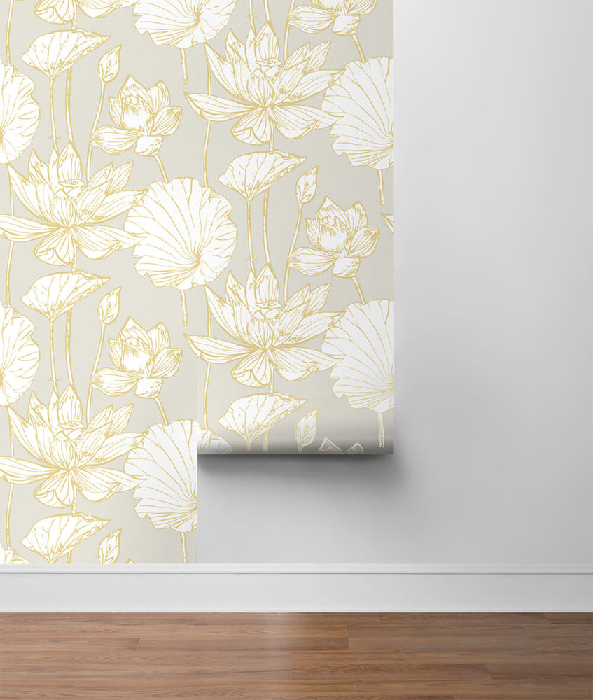 NW33118 metallic gold lotus flower peel and stick removable wallpaper wall from NextWall