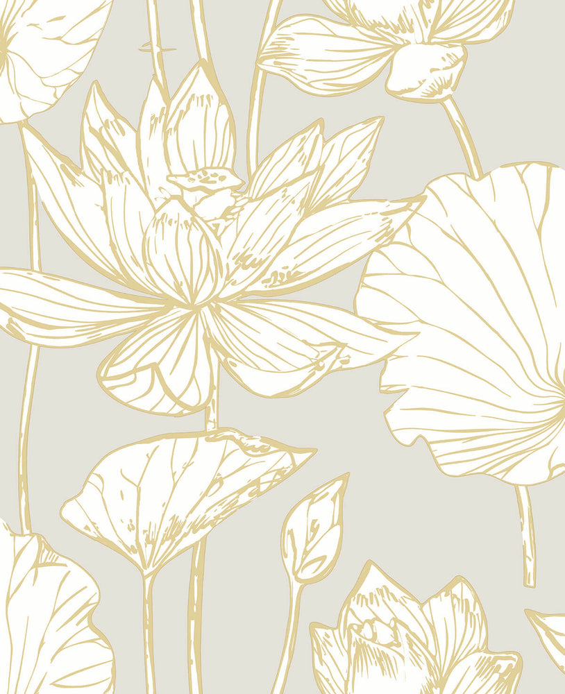 NW33118 metallic gold lotus flower peel and stick removable wallpaper from NextWall