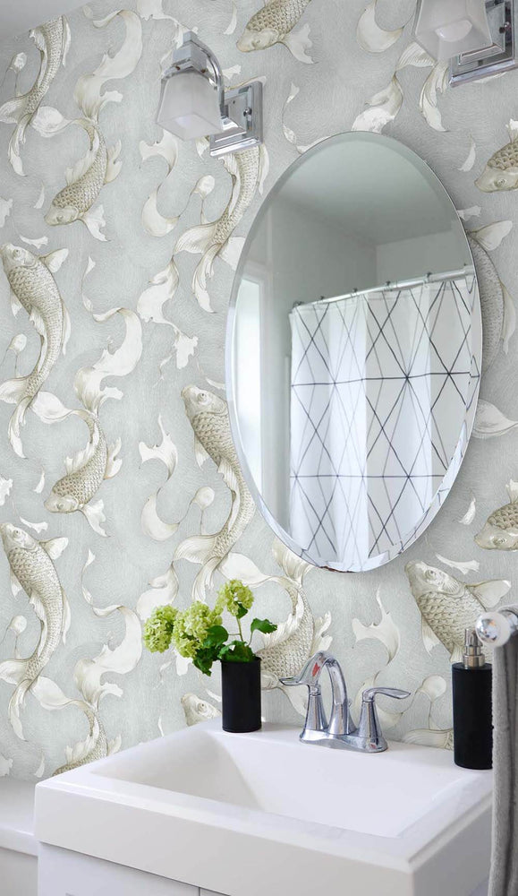 NW33208 metallic koi fish peel and stick removable wallpaper bathroom by NextWall