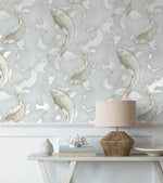 NW33208 metallic koi fish peel and stick removable wallpaper entryway by NextWall
