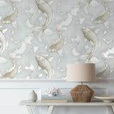NW33208 metallic koi fish peel and stick removable wallpaper entryway by NextWall