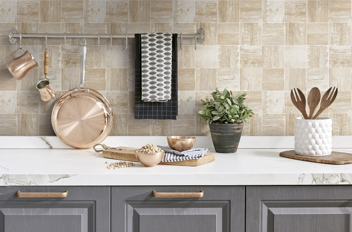 NW33408 wood block rustic peel and stick removable wallpaper backsplash by NextWall