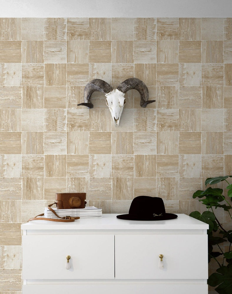 NW33408 wood block rustic peel and stick removable wallpaper decor by NextWall