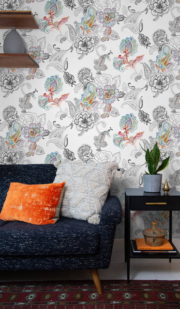 NW33600 colorful paisley floral peel and stick wallpaper living room by NextWall