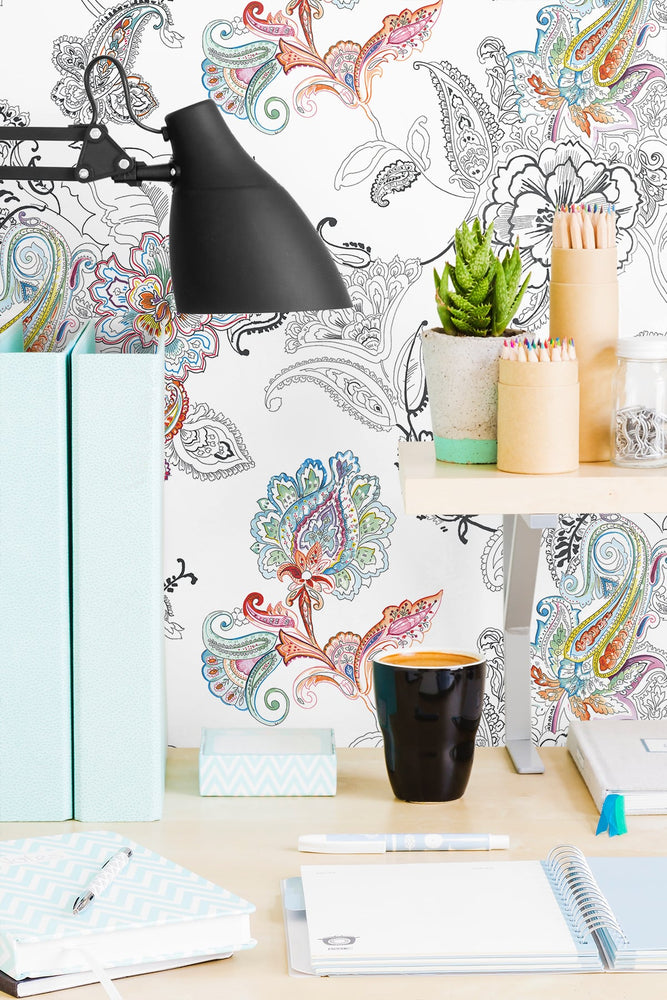 NW33600 colorful paisley floral peel and stick wallpaper office decor by NextWall