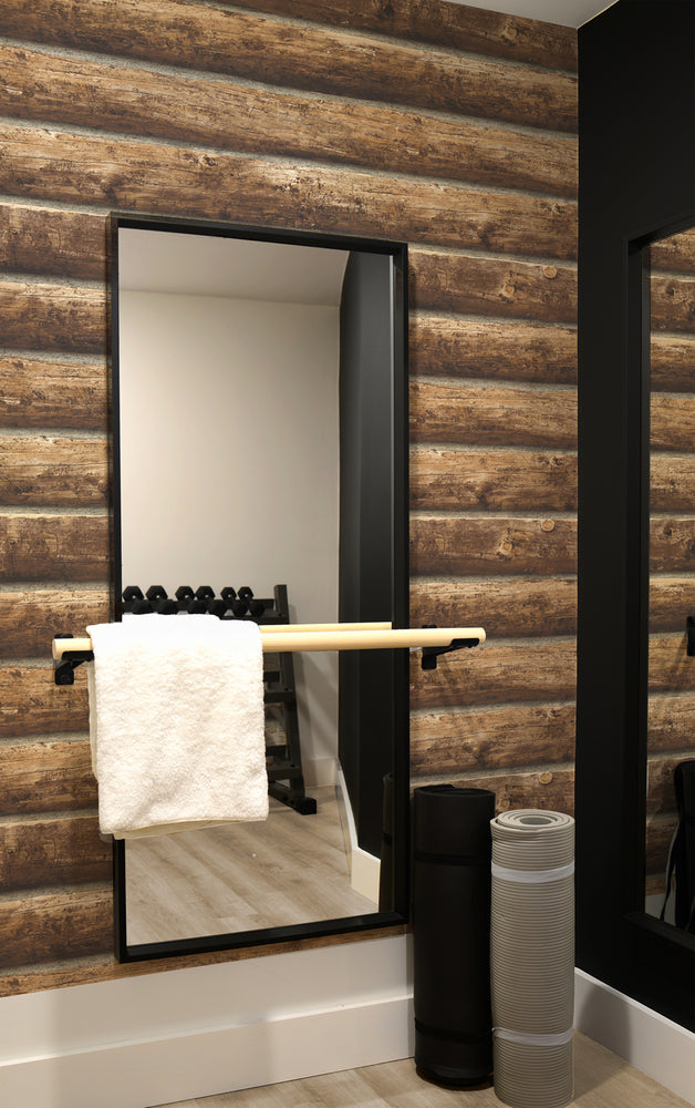 NW33905 log cabin wood rustic peel and stick removable wallpaper gym by NextWall