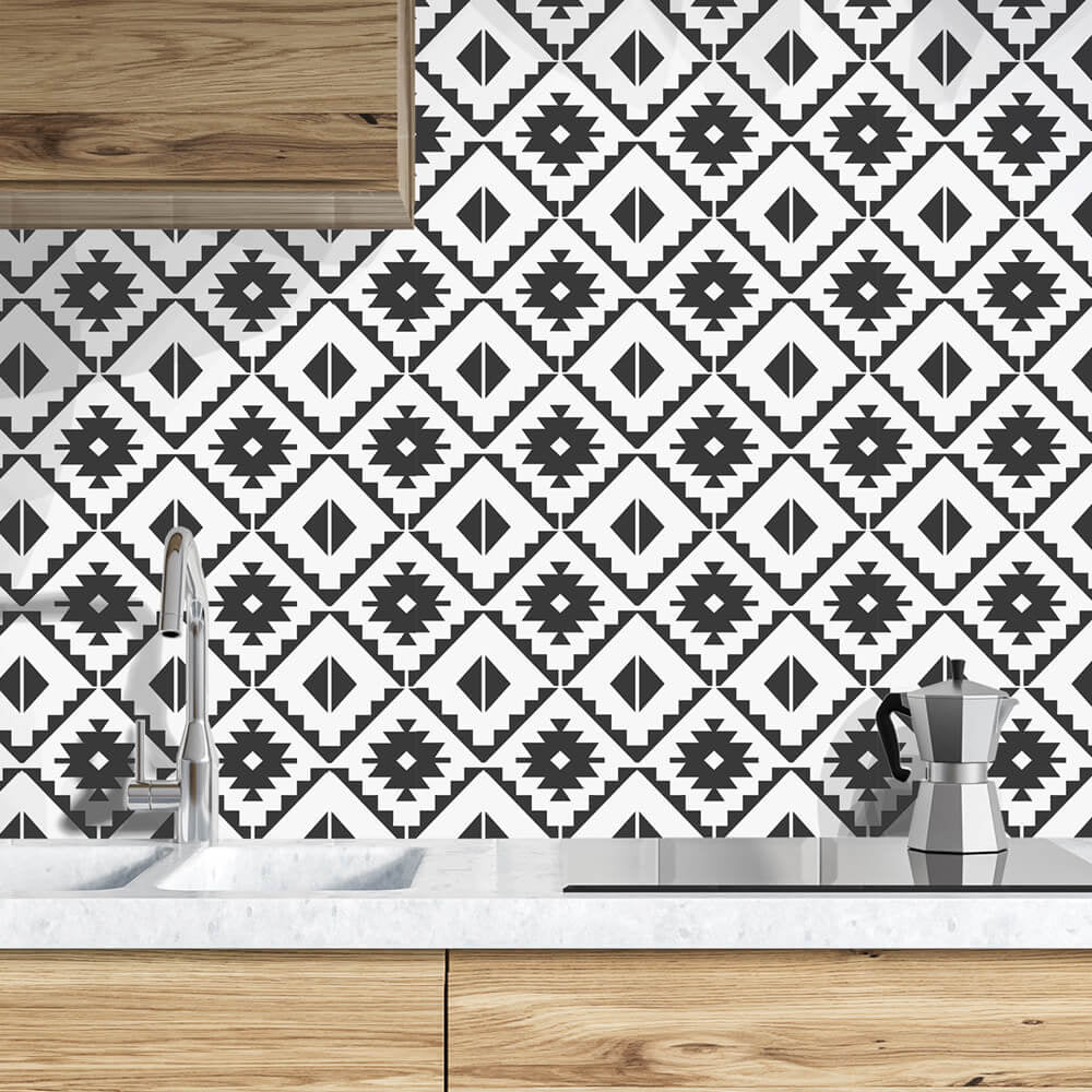 NW34200 black southwest tile peel and stick removable wallpaper kitchen from NextWall