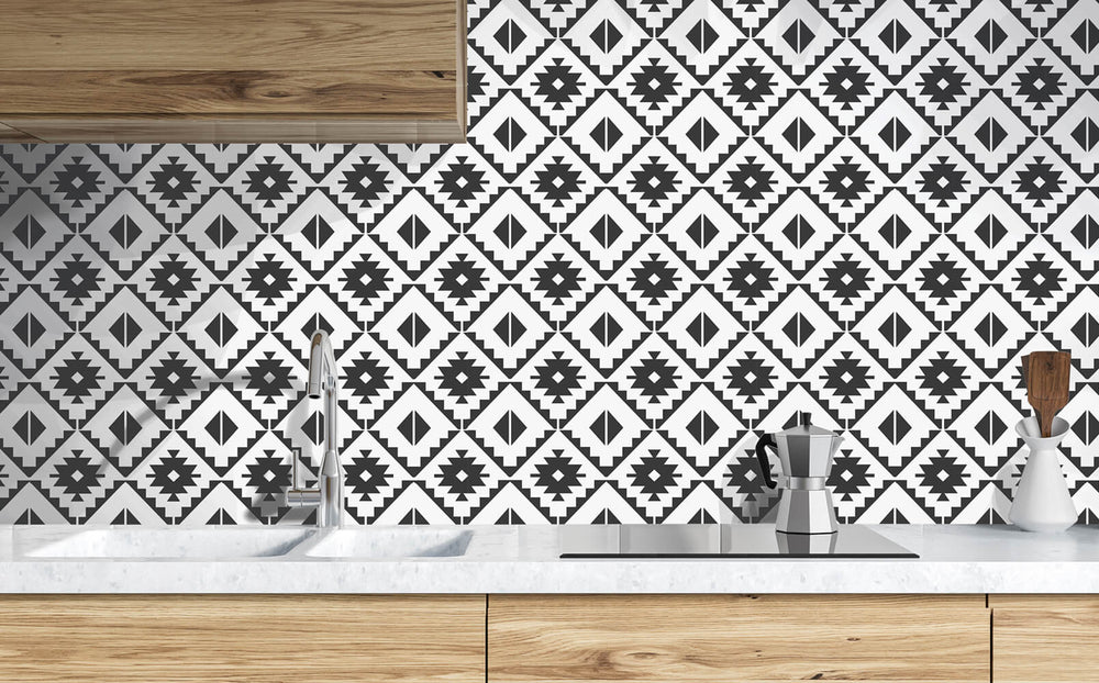 NW34200 black southwest tile peel and stick removable wallpaper kitchen from NextWall